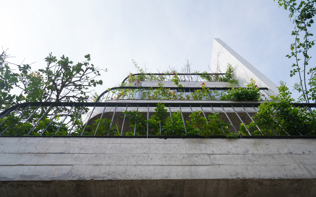 Mặt tiền nhà hướng Nam nên hoàn toàn thông thoáng đón gió mát. Do mặt tiền hẻm hẹp nên các tầng cao lùi vào để tạo view. Ảnh: Triệu Chiến