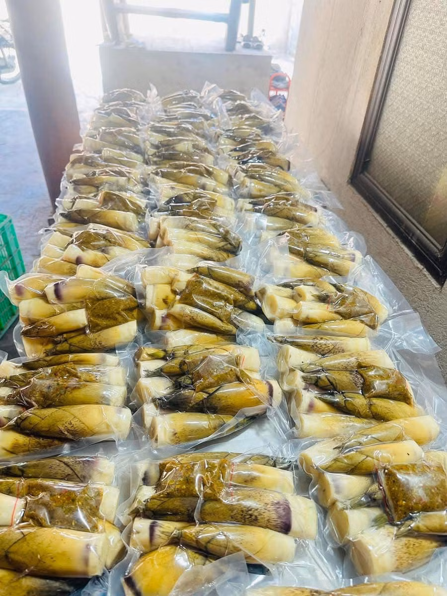 Ngoài măng vầu tươi, chị Thảo còn nhập hàng đã luộc sẵn, đóng túi hút chân không kèm gói gia vị chẩm chéo. Ảnh: Facebook