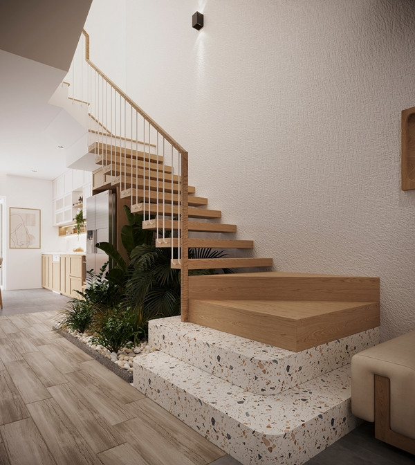 Nội thất trong nhà có kiểu dáng đơn giản, mộc mạc. Chất liệu được ưu tiên sử dụng là gỗ, đá mài, sơn bê tông tạo nên một không gian sống nhẹ nhàng, bình yên. Ảnh: SBS House