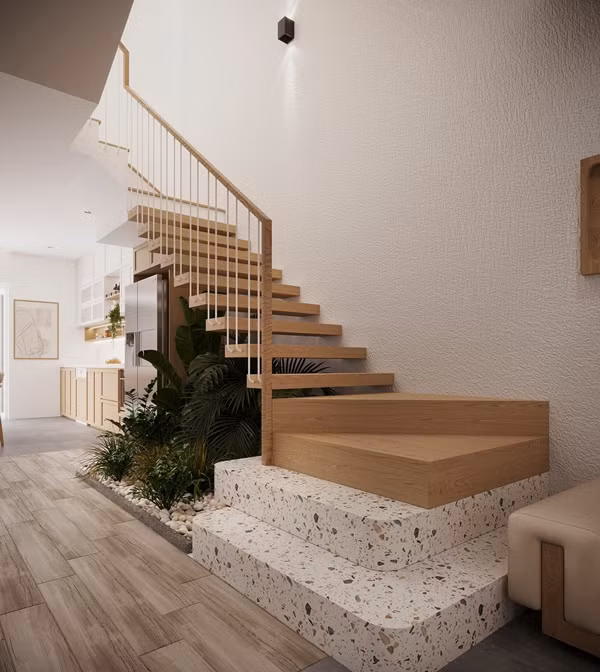 Nội thất trong nhà có kiểu dáng đơn giản, mộc mạc. Chất liệu được ưu tiên sử dụng là gỗ, đá mài, sơn bê tông tạo nên một không gian sống nhẹ nhàng, bình yên. Ảnh: SBS House