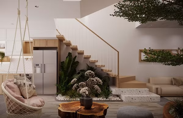 Trong nhà cũng được bố trí nhiều mảng xanh theo đúng sở thích của gia chủ. Ảnh: SBS House