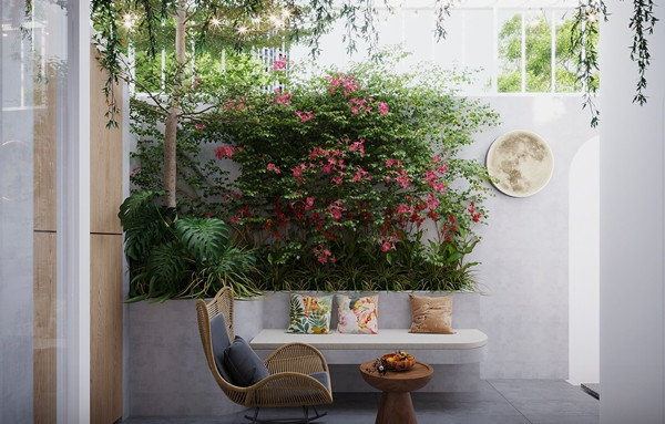 Sân thượng, sân sau thoáng mát được trang trí thêm hệ đèn vàng ấm cúng. Ảnh: SBS House