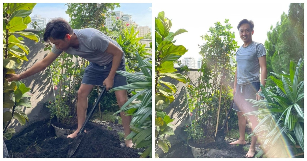 Cường Đô La cũng không ngại "tay lấm chân bùn" cho công việc làm vườn. Ảnh: FBNV
