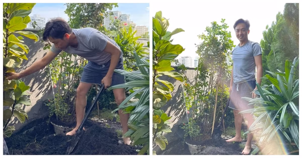 Cường Đô La cũng không ngại "tay lấm chân bùn" cho công việc làm vườn. Ảnh: FBNV
