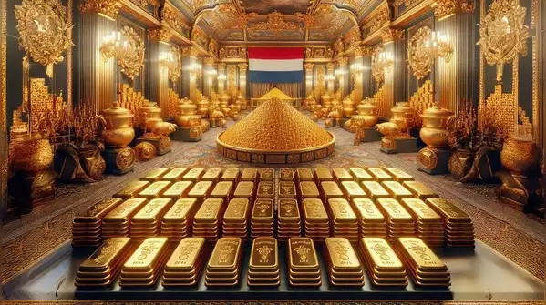 Đứng vị trí thứ 9 là Hà Lan với 612,45 tấn vàng dự trữ. Năm 2014, Hà Lan cho hồi hương 20% vàng dự trữ từ các hầm của Cục Dự trữ liên bang Mỹ tại New York. Vài năm qua, dự trữ vàng của Hà Lan không thay đổi. Ảnh: AI