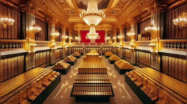 Thụy sĩ có trữ lượng vàng cao thứ 6 thế giới với 1.039,94 tấn vàng. Số vàng này được quản lý bởi Ngân hàng Trung ương Thụy Sĩ và đóng vai trò là trụ cột tài chính cho quốc gia này. Ảnh: AI