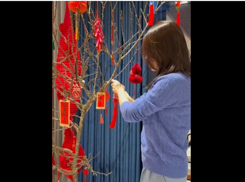 Một góc nhà được tô điểm bởi cành đào, cành mai, những câu đối và đồ trang trí mang tông đỏ tươi. Ảnh chụp màn hình