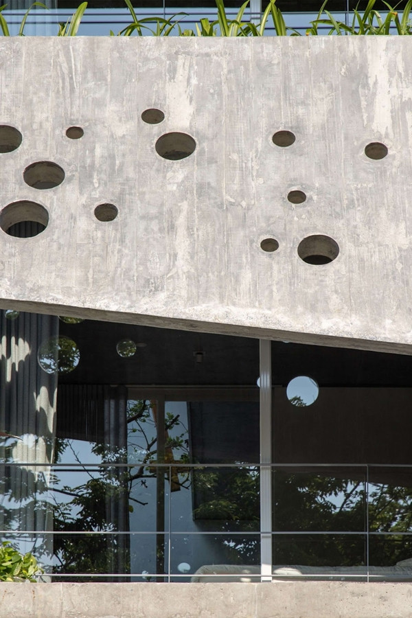 Phía sau lớp bê tông là các mảng cây xanh như một lớp đệm tự nhiên lọc ánh sáng và giảm nhiệt cho không gian bên trong. Ảnh: Hoang Le
