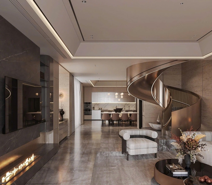 Điểm nhấn trong nhà là cầu thang xoắn ốc tạo cảm giác mềm mại và uyển chuyển. Ảnh: FB Đoàn Văn Hậu