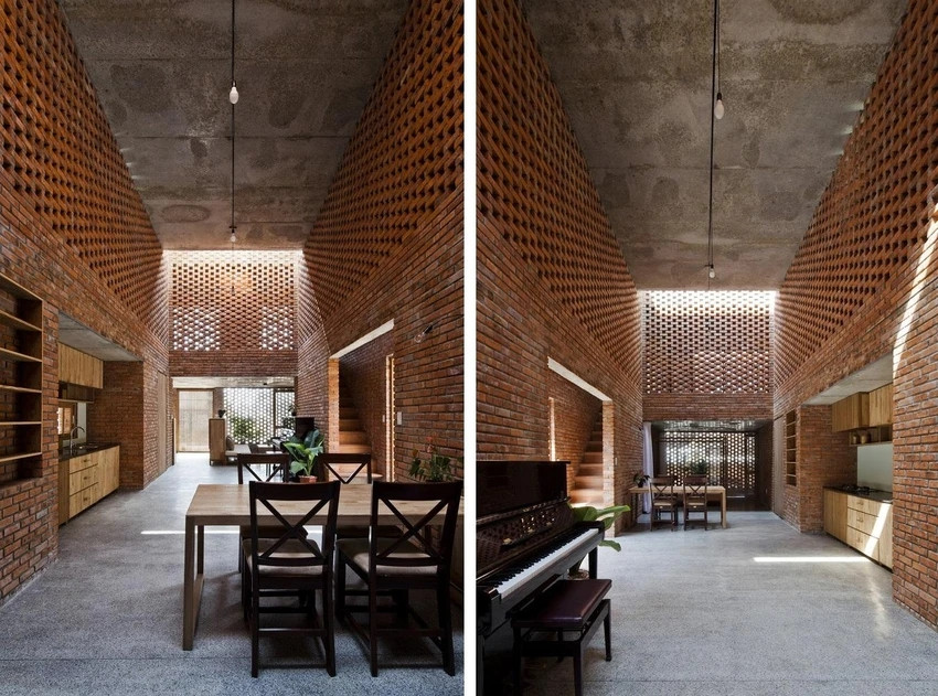 Tại khu vực chung, các thành viên trong nhà có thể nhìn thấy và trò chuyện với nhau qua bức tường có lỗ được bố trí ngẫu nhiên nhưng khoa học. Ảnh: Hiroyuki Oki