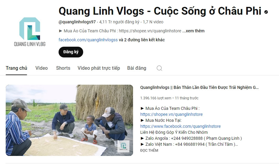 Mỗi bài đăng của Quang Linh Vlogs thu về cả chục nghìn lượt tương tác. Nhờ đó, các kênh Youtube với hàng triệu người theo dõi giúp Quang Linh cùng team kiếm được một khoản tiền không nhỏ. Ảnh chụp màn hình