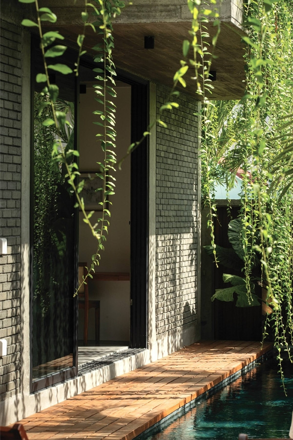 Bên cạnh đó, khối nhà chính còn được tạo thành từ các khối bê tông vững chắc, kết hợp hệ thống cây xanh leo bám, giúp làm dịu mắt và giảm bớt sự khô cứng của vật liệu thô. Ảnh: SuKha_Studio