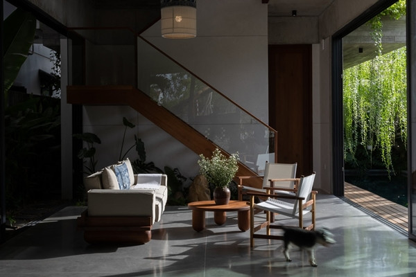 Trung tâm của ngôi nhà là phòng khách và bếp, mang phong cách mở với cửa kính lớn kéo dài từ sàn đến trần, cho phép ánh sáng tự nhiên tràn vào và mở ra khung cảnh khu vườn xanh mát bên ngoài. Ảnh: SuKha_Studio