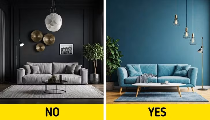 Những màu như đen sẫm hoặc xanh nước biển có thể khiến căn phòng như chật chội hơn, đặc biệt là ở những không gian có ít ánh sáng tự nhiên. Gia chủ có thể cân nhắc màu xanh navy đậm hoặc than. Ảnh: Brightsisde