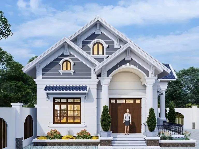 Nhà mái Thái kết hợp hài hòa với màu sơn trung tính và các chi tiết như gạch ốp chân tường, cửa kính mang đến sự thanh lịch. Ảnh: Internet