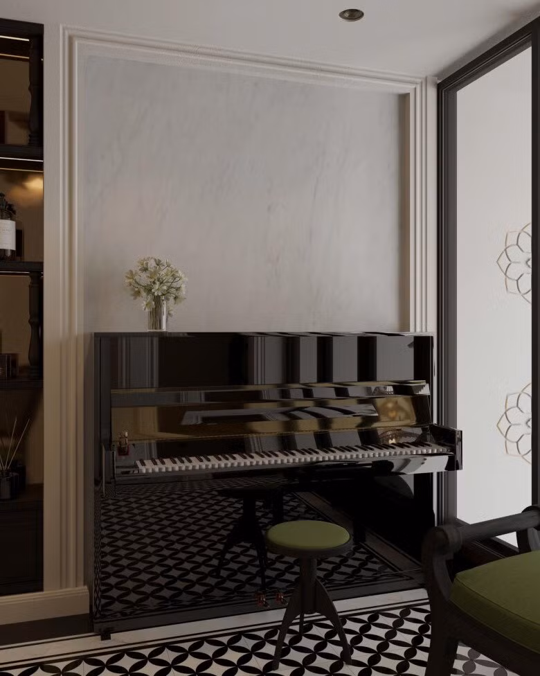 Góc thư giãn đặt chiếc piano đen bóng loáng, nổi bật trên nền gạch hoa văn đen trắng. Ảnh: FBNV