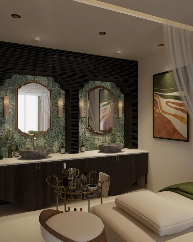 Gương bo góc viền đồng nổi bật trên nền gạch xanh rêu. Ảnh: FBNV