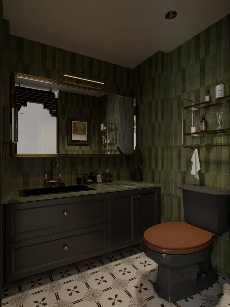 Nhà vệ sinh lát gạch tông xanh rêu kết hợp họa tiết vintage. Ảnh: FBNV