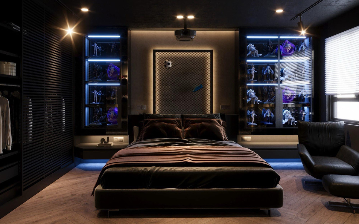 Phòng ngủ riêng của Tuấn Hải có màu đen huyền bí với bức ảnh cỡ lớn của chàng cầu thủ. Ảnh: FB Phạm Tuấn Hải