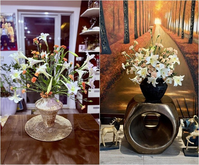 BTV Hoàng Trang VTV còn kết hợp loa kèn trắng với hoa phăng cam, tạo bố cục mới lạ nhưng vẫn giữ được sự mềm mại, nữ tính. Ảnh: FB Trang Hoàng