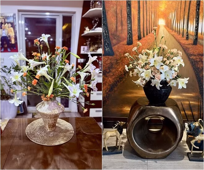 BTV Hoàng Trang VTV còn kết hợp loa kèn trắng với hoa phăng cam, tạo bố cục mới lạ nhưng vẫn giữ được sự mềm mại, nữ tính. Ảnh: FB Trang Hoàng