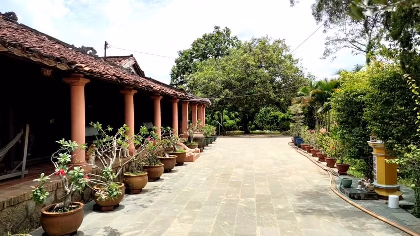 Nhìn từ bên ngoài, nhà cổ Đỗ Cao Thứa có kiểu dáng khá đơn giản với nét cổ kính, rêu phong. Xung quanh nhà là vườn cây xanh mát. Ảnh: Happynest