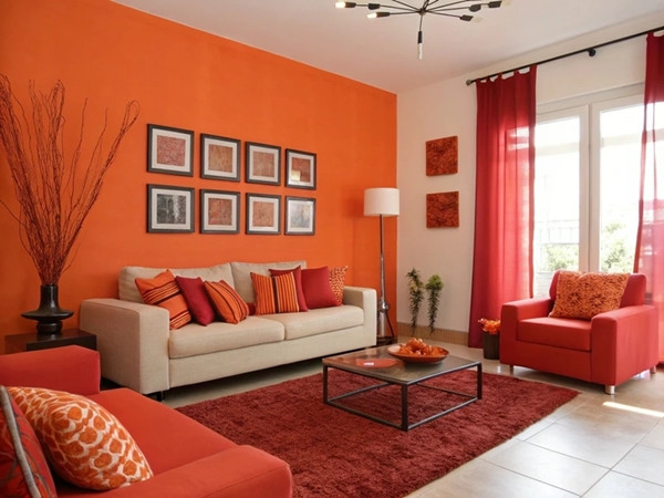 Nội thất màu cam và đỏ tạo ra không gian tràn đầy năng lượng. Dù mỗi màu đều có thể sử dụng như một điểm nhấn táo bạo riêng lẻ, song phối cùng nhau sẽ tạo cảm giác hỗn loạn về mặt thị giác. Ảnh: Brightside