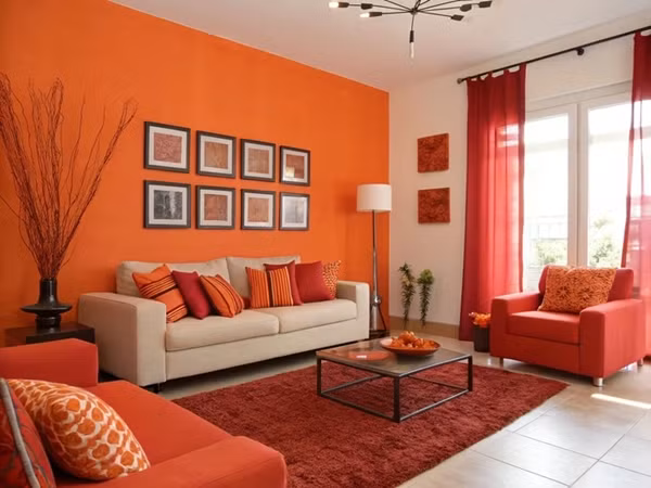 Nội thất màu cam và đỏ tạo ra không gian tràn đầy năng lượng. Dù mỗi màu đều có thể sử dụng như một điểm nhấn táo bạo riêng lẻ, song phối cùng nhau sẽ tạo cảm giác hỗn loạn về mặt thị giác. Ảnh: Brightside