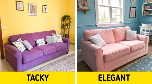 Kết hợp màu tím và vàng có vẻ hấp dẫn vì chúng bổ sung cho nhau. Nhưng thực tế, sự kết hợp này có thể tạo cảm giác quá táo bạo, thậm chí hỗn loạn. Thay vào đó, có thể sử dụng các tông màu dịu nhẹ như xanh pastel và hồng nhạt. Ảnh: Brightside