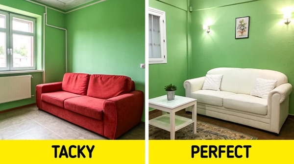 Sự kết hợp của hai màu xanh lá và đỏ có thể mang đến cảm giác choáng ngợp. Các chuyên gia rằng, để không gian đẹp mắt, tốt nhất chỉ nên sử dụng một màu đậm làm điểm nhấn. Ảnh: Brightside