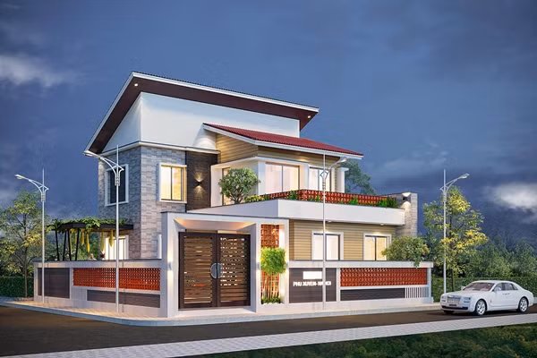 Mẫu nhà 2 tầng mái lệch chọn màu sắc trắng be chủ đạo vẻ đẹp từ chất liệu gỗ tự nhiên. Ban công trồng thêm cây xanh và hoa tươi cho nhà thêm sức sống. Ảnh: Noithattugia