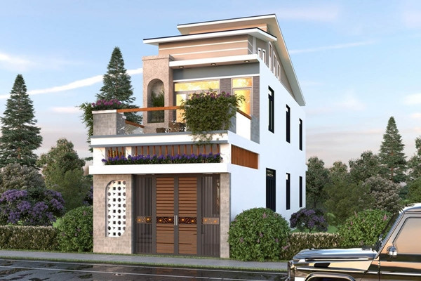 Nhà ống 2 tầng mái lệch tận dụng chiều sâu và chiều cao để mở rộng diện tích sử dụng. Sự kết hợp giữa cửa kính lớn và các mảng xanh xung quanh giúp không gian gần gũi với thiên nhiên. Ảnh: SBShouse