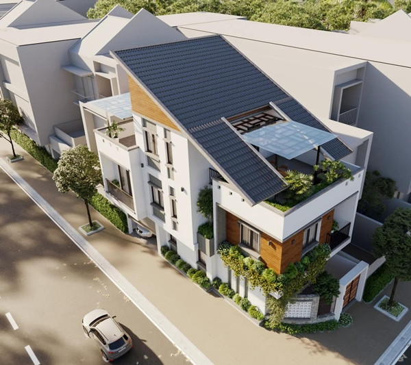 Với lợi thế 2 mặt tiền, nhà mái lệch thiết kế ô cửa kính lớn để đón nắng và gió vào trong. Ảnh: Noithattugia