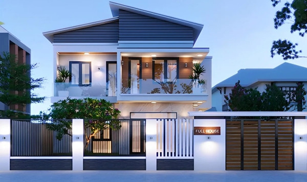 Nhà 2 tầng mái lệch phong cách biệt thự nổi bật với các chi tiết như cửa nhôm kính lớn, gạch giả gỗ, tông màu trầm ấm và sự bề thế. Ảnh: Khonhamaudep