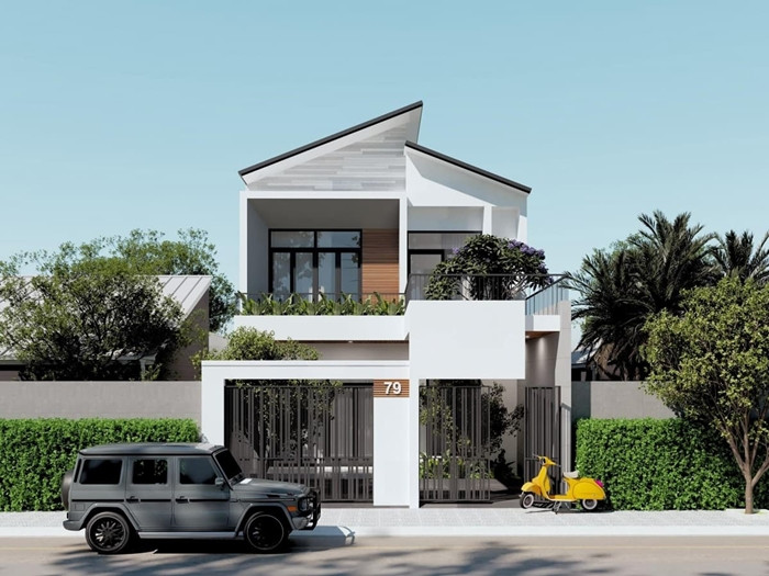 Với mặt tiền 6m, nhà 2 tầng mái lệch là lựa chọn hoàn hảo cho những gia đình yêu thích phong cách hiện đại. Khu vực ban công được chăm chút tỉ mỉ, tạo không gian thư giãn lý tưởng. Ảnh: SBS House