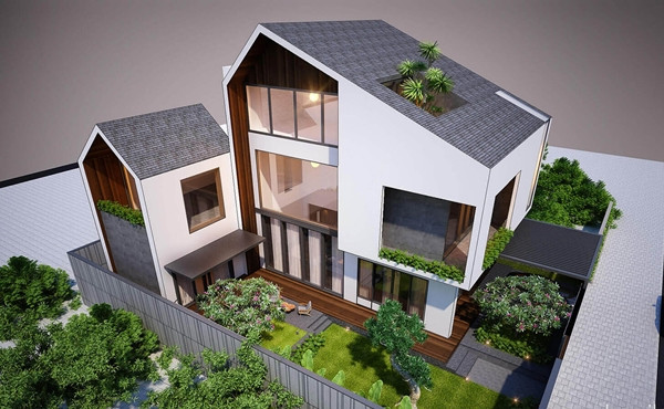 Nhà mái lệch 2 tầng được ưa thích bởi sự thoáng đãng. Khoảng sân trước cửa nhà có thể tận dụng để trồng cây cối, hoa lá hoặc làm chỗ để xe. Ảnh: Noithattugia