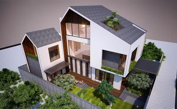 Nhà mái lệch 2 tầng được ưa thích bởi sự thoáng đãng. Khoảng sân trước cửa nhà có thể tận dụng để trồng cây cối, hoa lá hoặc làm chỗ để xe. Ảnh: Noithattugia
