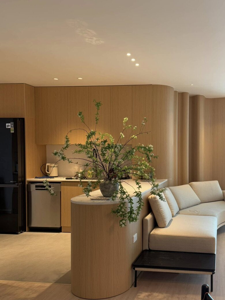 Phòng khách kết nối với bếp giúp không gian rộng rãi hơn. Ảnh: FBNV