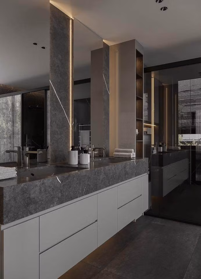 Tường ốp đá vân xám sang trọng, kết hợp ánh sáng dịu nhẹ mang đến cảm giác như trong spa. Ảnh: FB Hằng Túi