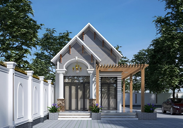 Mẫu nhà mái thái cấp 4 kích thước 5x20m mang phong cách hiện đại, sử dụng tone màu tươi sáng tạo nên kiến trúc ngoại thất ưa nhìn. Ảnh: SHB House