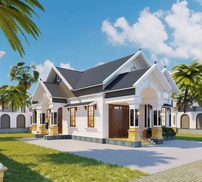 Nhà cấp 4 mái Thái mang phong cách tân cổ điển gồm 3 phòng ngủ, bố trí nhiều cây xanh xung quanh. Mặt tiền thiết kế mái vòm bán nguyệt đặc trưng của lối kiến trúc tân cổ điển. Ảnh: Vinavic