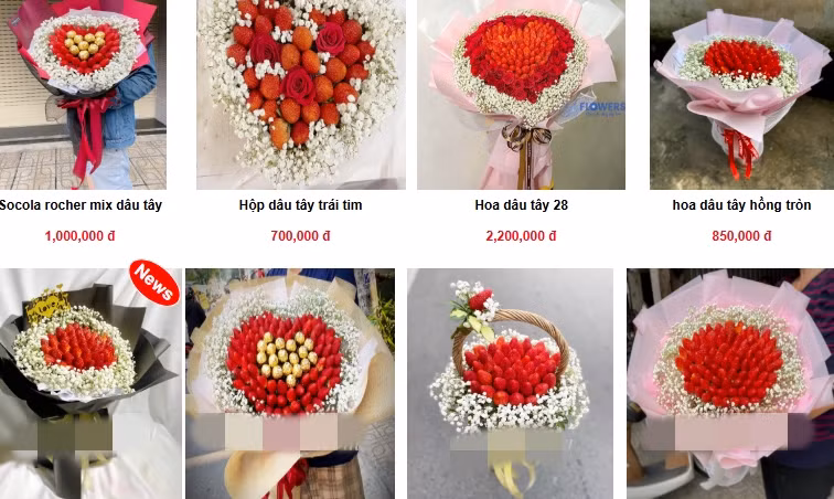 Vài năm trở lại đây, hoa dâu tây đã xuất hiện trên thị trường vào các dịp lễ. Dịp Valentine năm nay, hoa dâu tây "nhuộm đỏ" thị trường quà tặng. Ảnh chụp màn hình