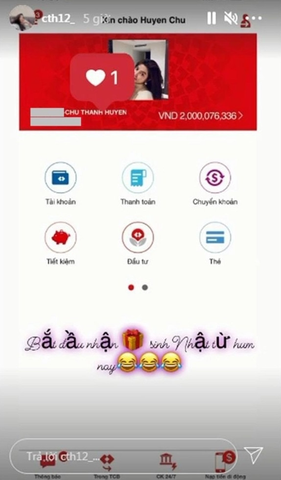 Tháng 8/2021, Chu Thanh Huyền từng để lộ số dư tài khoản lên tới hơn 2 tỷ đồng. Ảnh: FBNV