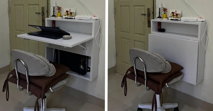 Bàn làm việc gắn tường là cách đơn giản để tiết kiệm không gian, giữ cho căn phòng trông gọn gàng và ngăn nắp. Món đồ nội thất thông minh này có thể gấp lại khi cần. Ảnh: Brightside
