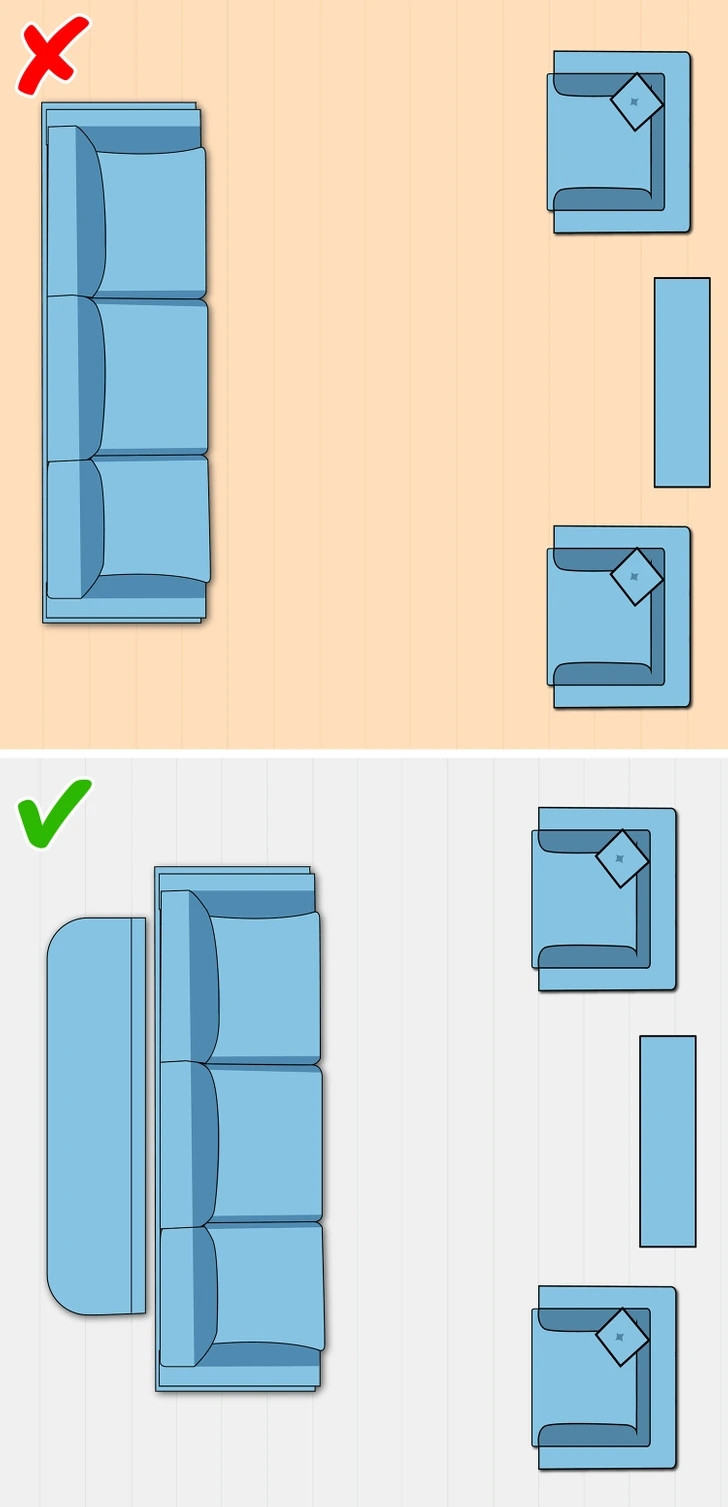 Nhiều người nghĩ rằng việc đặt nội thất dựa vào tường sẽ khiến căn phòng trông rộng hơn, nhưng thực tế ngược lại. Di chuyển đồ nội thất ra xa tường sẽ giúp không gian trông rộng rãi và ấm cúng hơn. Để che mặt sau của ghế sofa, bạn có thể thêm một tủ phụ phía sau và trang trí bằng một vài phụ kiện. Ảnh: Brightside