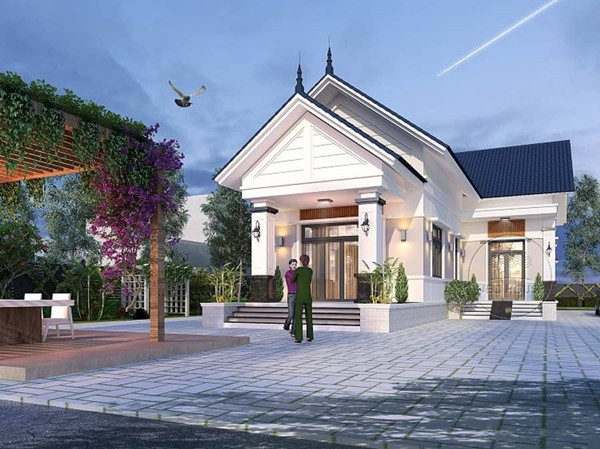 Nhà mái Thái nổi bật với hình khối cân đối, góc cạnh kết hợp tone màu trắng chủ đạo. Hệ cửa kính trong suốt, giúp đón sáng và lưu thông không khí tối đa. Ảnh: Neohouse 