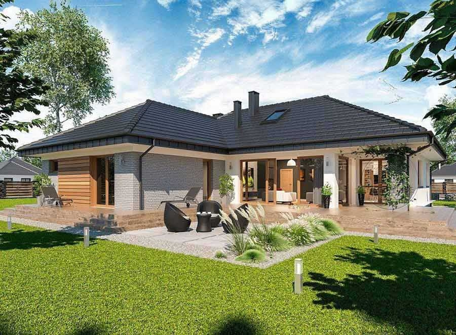 Nhà mái Thái chữ L có sân vườn được ưa chuộng ở cả vùng nông thôn và thành phố. Sân vườn trồng cây xanh, bãi cỏ mang đến không gian thoáng rộng, gần gũi cảnh quan thiên nhiên. Ảnh: Neohouse 