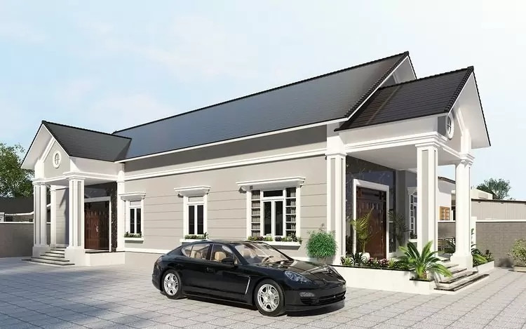 Mẫu nhà mái Thái chữ L hiện đại, tận dụng khoảng sân rộng bên hông làm chỗ đậu đỗ xe. Ảnh: Inetrnet 