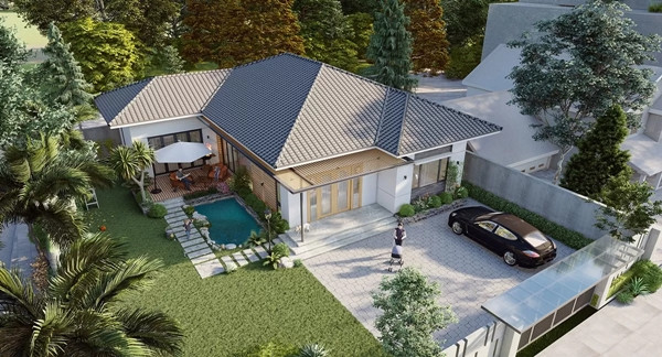 Nhà vườn mái Thái có bể bơi, sở hữu những đường nét và màu sắc nhẹ nhàng, hài hòa với cảnh quan thiên nhiên. Ảnh: Vinavic 