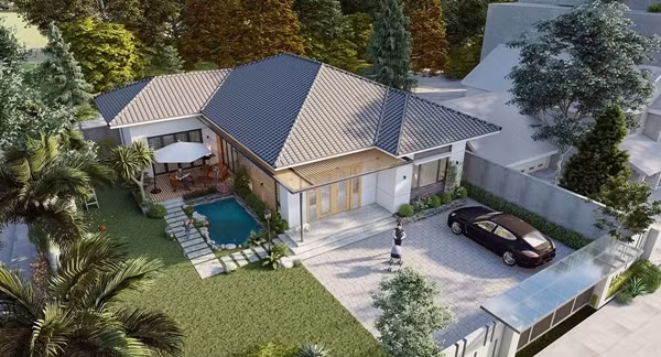 Nhà vườn mái Thái có bể bơi, sở hữu những đường nét và màu sắc nhẹ nhàng, hài hòa với cảnh quan thiên nhiên. Ảnh: Vinavic 